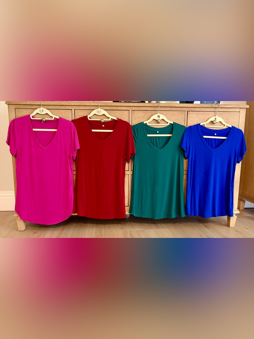 Women's V-Neck Short Sleeve Tops - Red, Pink, Green & Blue